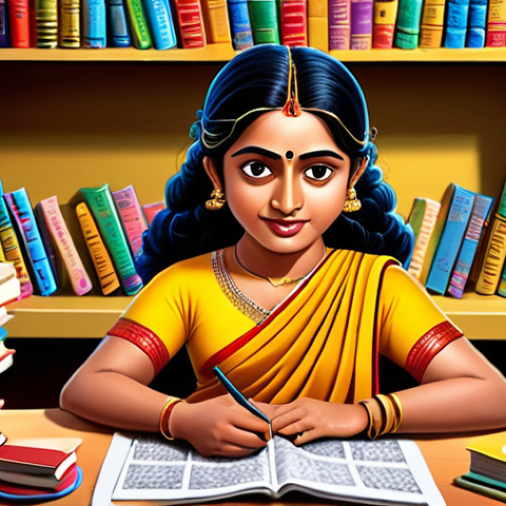 **
A brightly colored cartoon still showing a young Bengali writer at a desk, surrounded by books and papers with Bengali script. The style should evoke a children's educational cartoon, showcasing elements of Bengali culture like traditional clothing or iconic landmarks in the background. Focus on conveying a sense of creativity and eagerness to learn, inspired by the first day experience and learning from senior writers. The overall tone should be positive and uplifting, suitable for a Bengali audience.
**