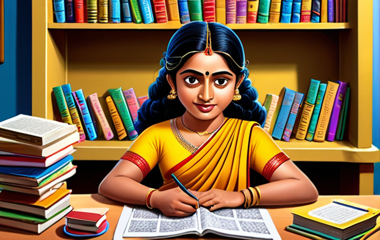 **
A brightly colored cartoon still showing a young Bengali writer at a desk, surrounded by books and papers with Bengali script. The style should evoke a children's educational cartoon, showcasing elements of Bengali culture like traditional clothing or iconic landmarks in the background. Focus on conveying a sense of creativity and eagerness to learn, inspired by the first day experience and learning from senior writers. The overall tone should be positive and uplifting, suitable for a Bengali audience.
**