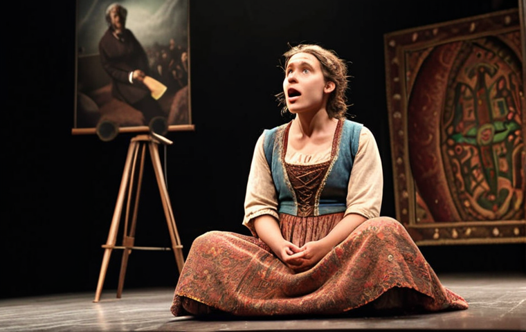 **A storyteller on stage, captivating the audience.** Focus on expression and atmosphere that evokes interest and connection with the viewers.