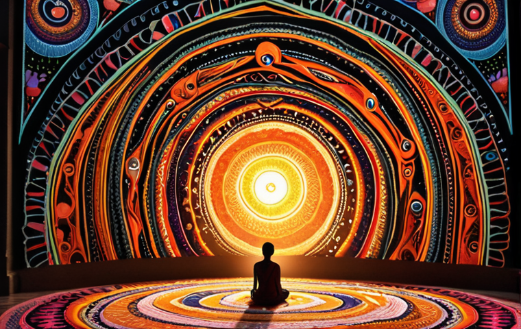 A Bengali storyteller, deeply engrossed, surrounded by a vibrant tapestry of living words and imagery. Fantastical characters emerge from the swirling narrative, embodying deep emotions and unexpected journeys. The scene emphasizes the unique human touch in storytelling, with elements like breaking free from traditional frames and infusing personal experiences. Subtle, abstract glowing lines hint at technological assistance in the background, enhancing but not replacing the organic, soulful creation. Focus on rich colors, expressive character fragments, and a sense of magical realism.