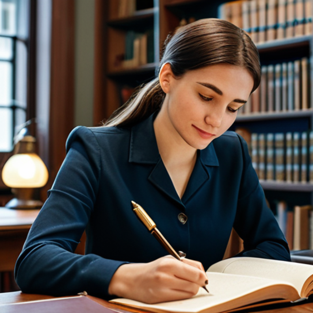 A professional female storyteller, with a thoughtful expression, meticulously writing in a leather-bound journal. She is wearing a modest, elegant business casual blouse and trousers. The setting is a cozy, well-lit study with blurred bookshelves in the background, a warm desk lamp casting a soft glow. A neatly arranged stack of classic books and a vintage fountain pen are on the desk. The atmosphere is calm and inspiring. fully clothed, modest clothing, appropriate attire, professional dress, safe for work, appropriate content, perfect anatomy, correct proportions, natural pose, well-formed hands, proper finger count, natural body proportions, professional photography, high quality, family-friendly.