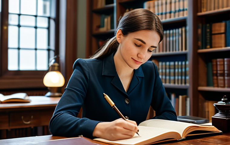 A professional female storyteller, with a thoughtful expression, meticulously writing in a leather-bound journal. She is wearing a modest, elegant business casual blouse and trousers. The setting is a cozy, well-lit study with blurred bookshelves in the background, a warm desk lamp casting a soft glow. A neatly arranged stack of classic books and a vintage fountain pen are on the desk. The atmosphere is calm and inspiring. fully clothed, modest clothing, appropriate attire, professional dress, safe for work, appropriate content, perfect anatomy, correct proportions, natural pose, well-formed hands, proper finger count, natural body proportions, professional photography, high quality, family-friendly.