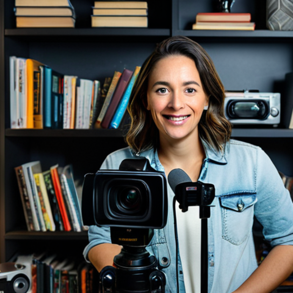 Digital Storytelling**
"A content creator in a home studio, surrounded by video equipment (camera, microphone, lights), fully clothed in a casual outfit, passionately explaining digital storytelling techniques to the camera. Background: shelves with books and tech gadgets, warm lighting. Safe for work, appropriate content, professional, perfect anatomy, natural proportions, family-friendly."
**