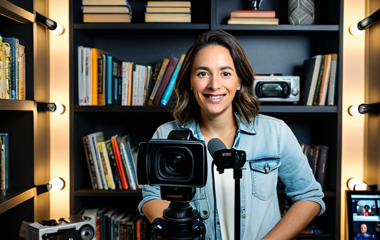 Digital Storytelling**
"A content creator in a home studio, surrounded by video equipment (camera, microphone, lights), fully clothed in a casual outfit, passionately explaining digital storytelling techniques to the camera. Background: shelves with books and tech gadgets, warm lighting. Safe for work, appropriate content, professional, perfect anatomy, natural proportions, family-friendly."
**