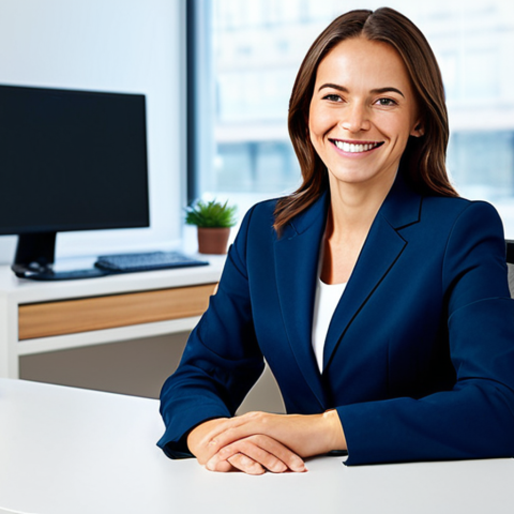 **
A professional businesswoman in a modest, navy blue business suit, sitting at a clean desk in a bright, modern office. She is smiling slightly and looking directly at the viewer. Fully clothed, appropriate attire, safe for work, perfect anatomy, natural proportions, professional photography, high quality, family-friendly.
**