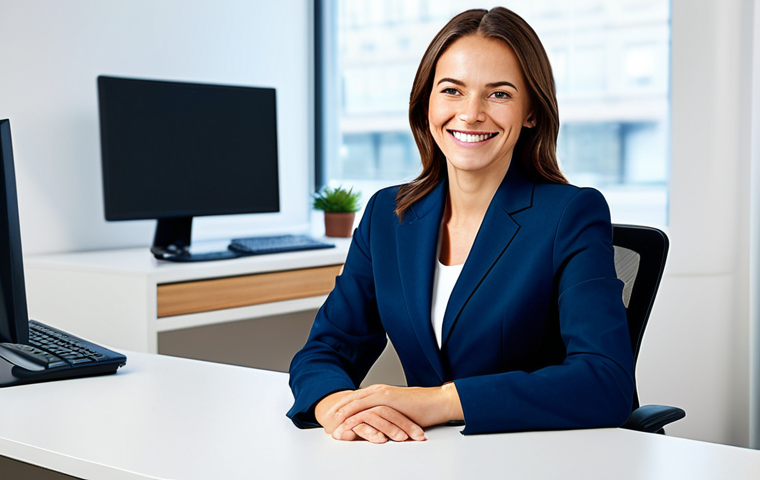 **
A professional businesswoman in a modest, navy blue business suit, sitting at a clean desk in a bright, modern office. She is smiling slightly and looking directly at the viewer. Fully clothed, appropriate attire, safe for work, perfect anatomy, natural proportions, professional photography, high quality, family-friendly.
**