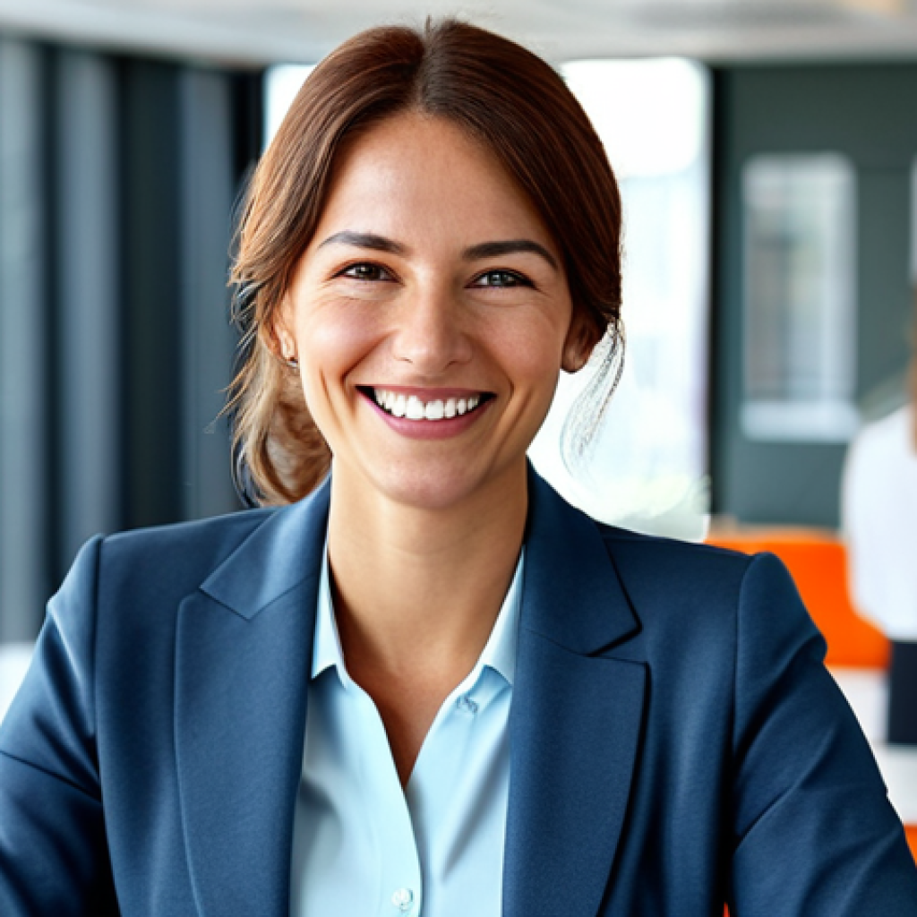 **
A professional businesswoman in a modest business suit, sitting at a desk in a modern office, fully clothed, appropriate attire, safe for work, perfect anatomy, natural proportions, professional photography, high quality, family-friendly. She is smiling confidently, with soft, natural lighting highlighting her features. The background is a blurred office environment with colleagues working.
**