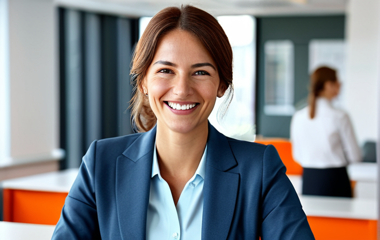 **
A professional businesswoman in a modest business suit, sitting at a desk in a modern office, fully clothed, appropriate attire, safe for work, perfect anatomy, natural proportions, professional photography, high quality, family-friendly. She is smiling confidently, with soft, natural lighting highlighting her features. The background is a blurred office environment with colleagues working.
**
