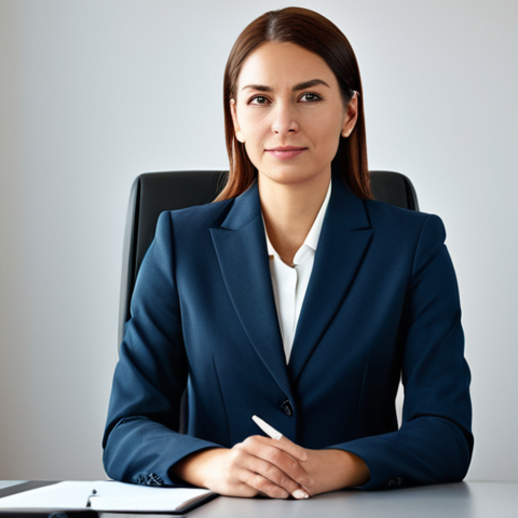 스토리텔러가 겪는 도전 과제와 해결 방안 - ** A professional businesswoman in a modest business suit, sitting at a desk in a modern office, ful...