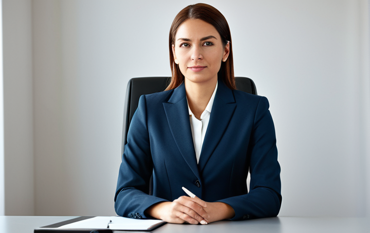 스토리텔러가 겪는 도전 과제와 해결 방안 - ** A professional businesswoman in a modest business suit, sitting at a desk in a modern office, ful...