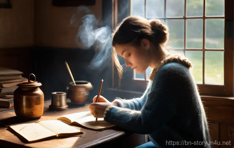 스토리텔러의 성장 기록 방법 - **Prompt:** "A young, thoughtful female storyteller, dressed in a cozy, modest sweater and jeans, si...