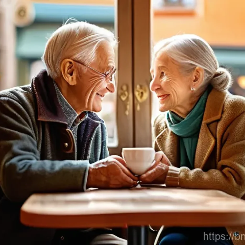 스토리텔러의 일상에서 배우는 교훈 - **Cozy Cafe Connection**: A charming elderly couple, both dressed in tasteful, modest clothing, sits...