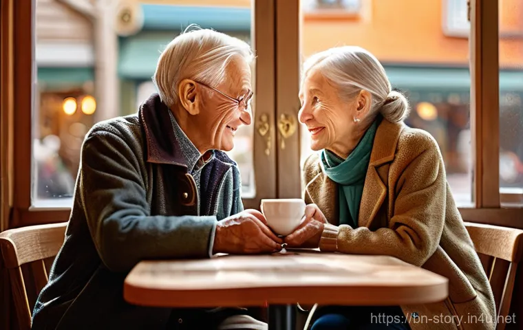 스토리텔러의 일상에서 배우는 교훈 - **Cozy Cafe Connection**: A charming elderly couple, both dressed in tasteful, modest clothing, sits...