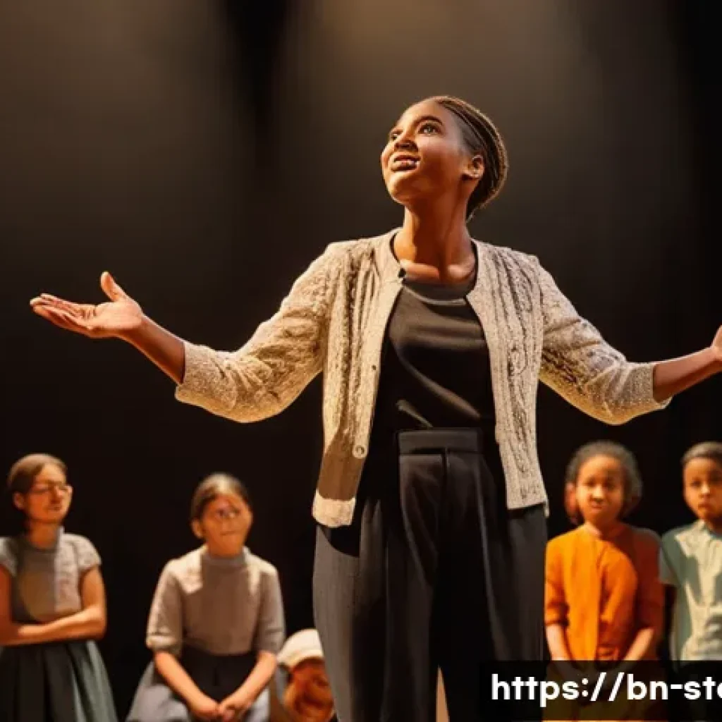 스토리텔러 실기 시험의 주요 평가 기준 - A captivating storyteller, appearing gender-neutral, stands on a stage bathed in warm, inviting ligh...