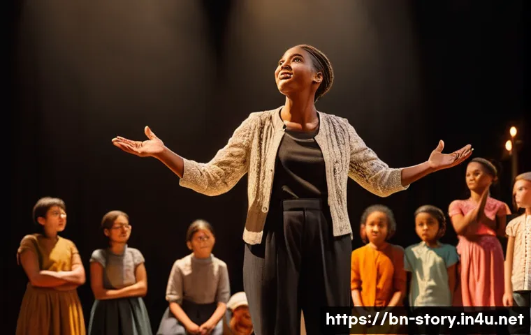 스토리텔러 실기 시험의 주요 평가 기준 - A captivating storyteller, appearing gender-neutral, stands on a stage bathed in warm, inviting ligh...