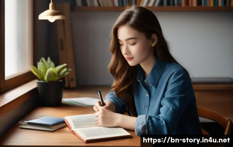 스토리텔러 자격증 시험 꿀팁 - **Prompt 1: "A young adult (around 18-25 years old) sitting comfortably in a well-lit, cozy study no...