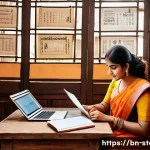 스토리텔러와 관련된 주요 직무 소개 - A creative Bengali storyteller sitting at a traditional wooden desk surrounded by open notebooks and...