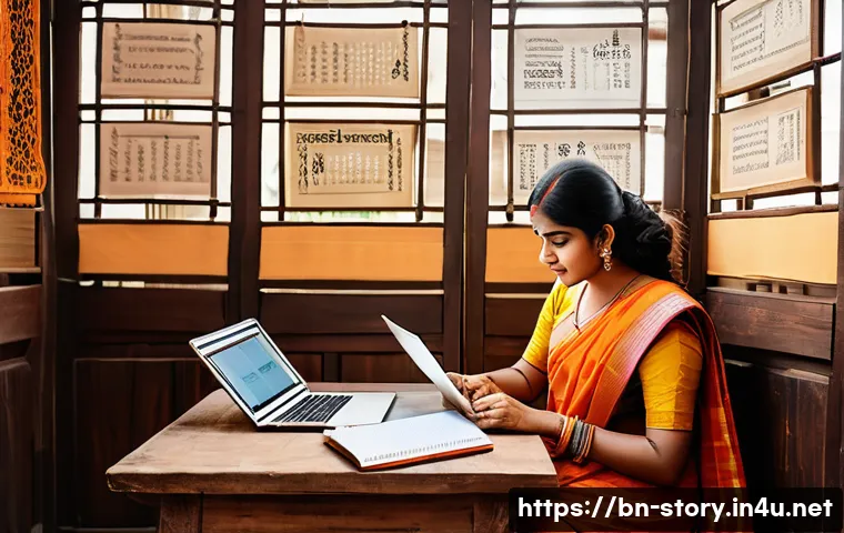 스토리텔러와 관련된 주요 직무 소개 - A creative Bengali storyteller sitting at a traditional wooden desk surrounded by open notebooks and...