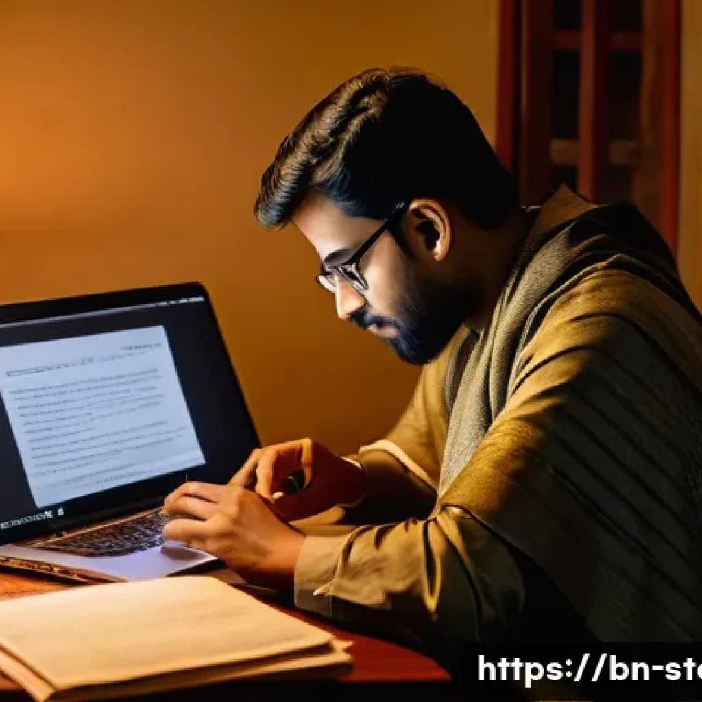 스토리텔러 전문 블로그 운영 팁 - A cozy home office scene showing a Bengali blogger passionately writing a heartfelt story on a lapto...