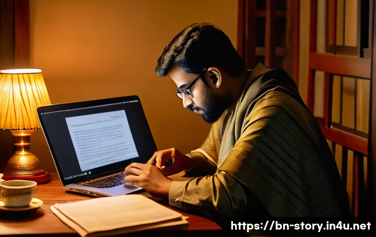 스토리텔러 전문 블로그 운영 팁 - A cozy home office scene showing a Bengali blogger passionately writing a heartfelt story on a lapto...