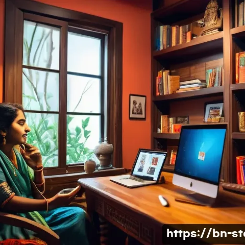 스토리텔러 자격증을 활용한 창업 아이디어 - A modern digital storyteller sitting in a cozy, well-lit home office decorated with Bengali art and ...