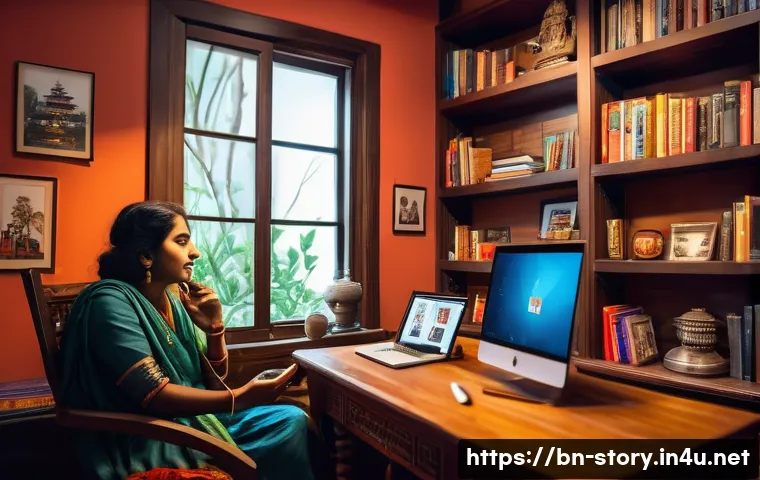 스토리텔러 자격증을 활용한 창업 아이디어 - A modern digital storyteller sitting in a cozy, well-lit home office decorated with Bengali art and ...