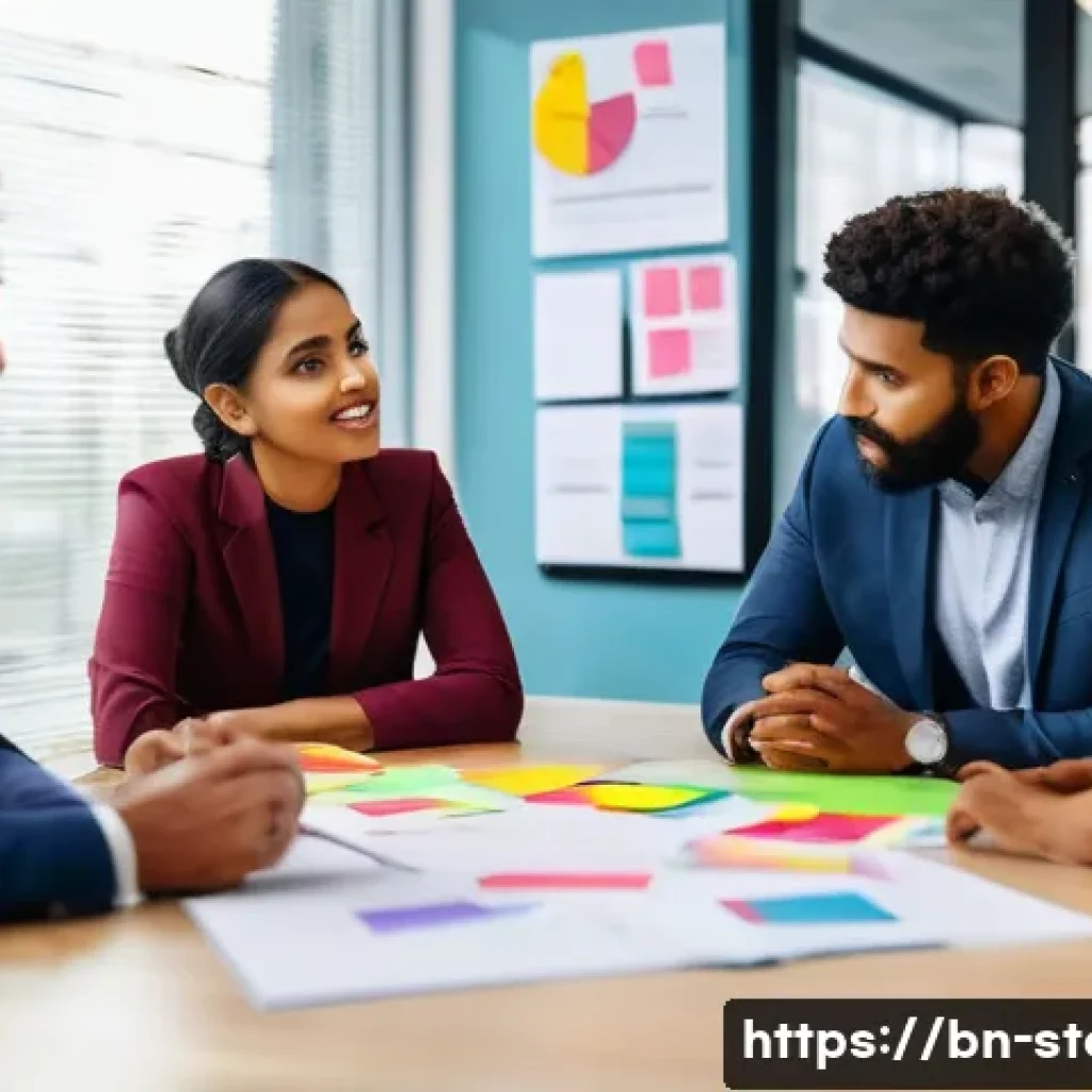 스토리텔러 실무에서의 창의적 문제 해결 사례와 전략 분석 - A diverse professional team gathered around a conference table in a modern office, actively sharing ...