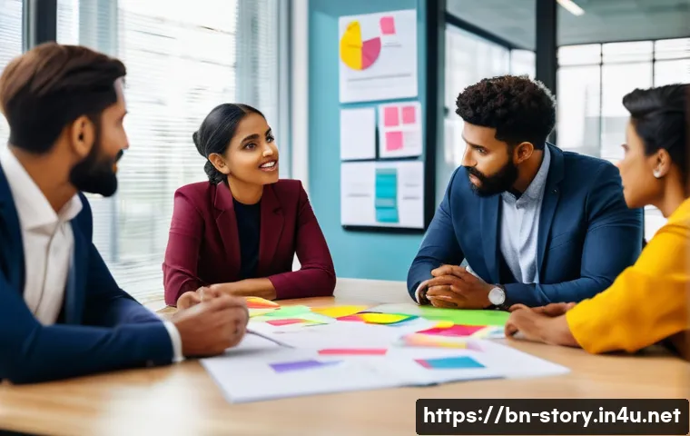 스토리텔러 실무에서의 창의적 문제 해결 사례와 전략 분석 - A diverse professional team gathered around a conference table in a modern office, actively sharing ...