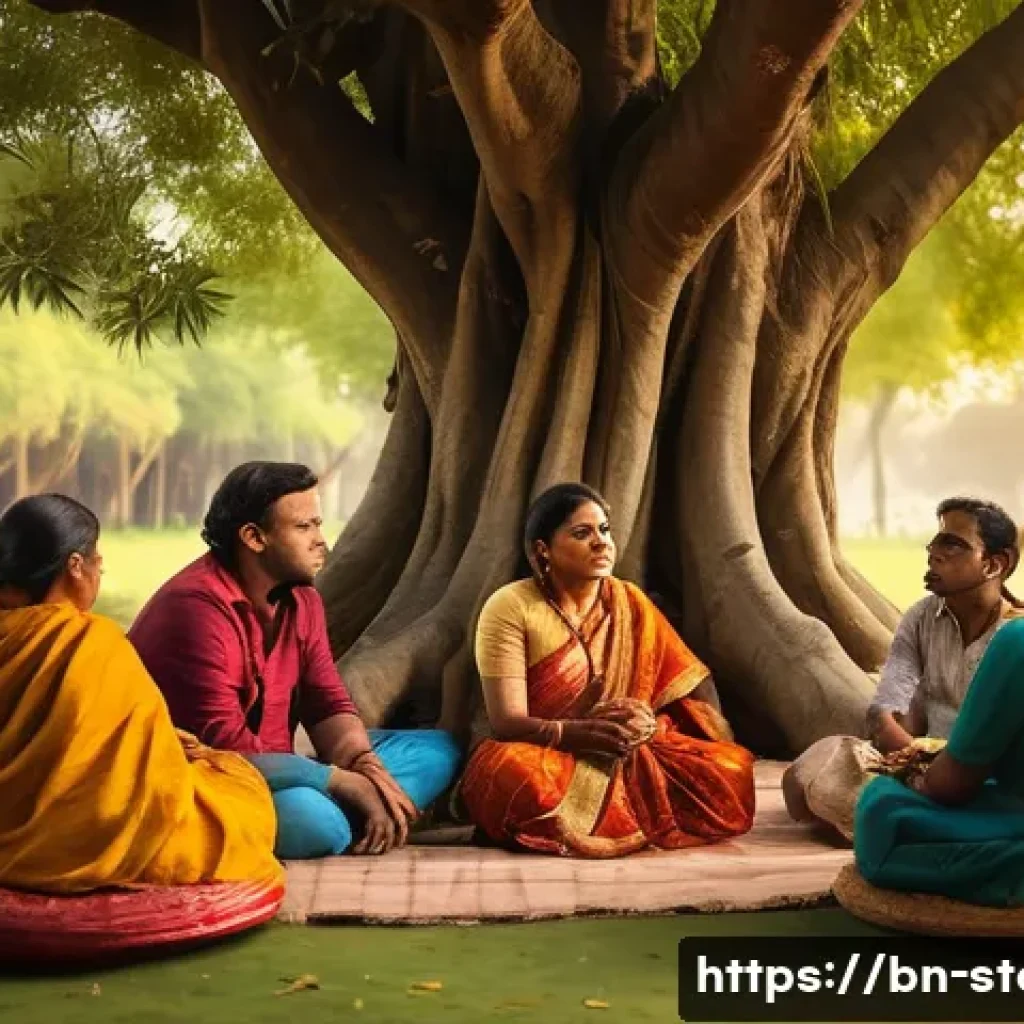 스토리텔러와 스토리텔링 테크놀로지 발전 - A warm and inviting scene of a Bengali storyteller in traditional attire sitting under a large banya...