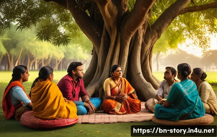 스토리텔러와 스토리텔링 테크놀로지 발전 - A warm and inviting scene of a Bengali storyteller in traditional attire sitting under a large banya...
