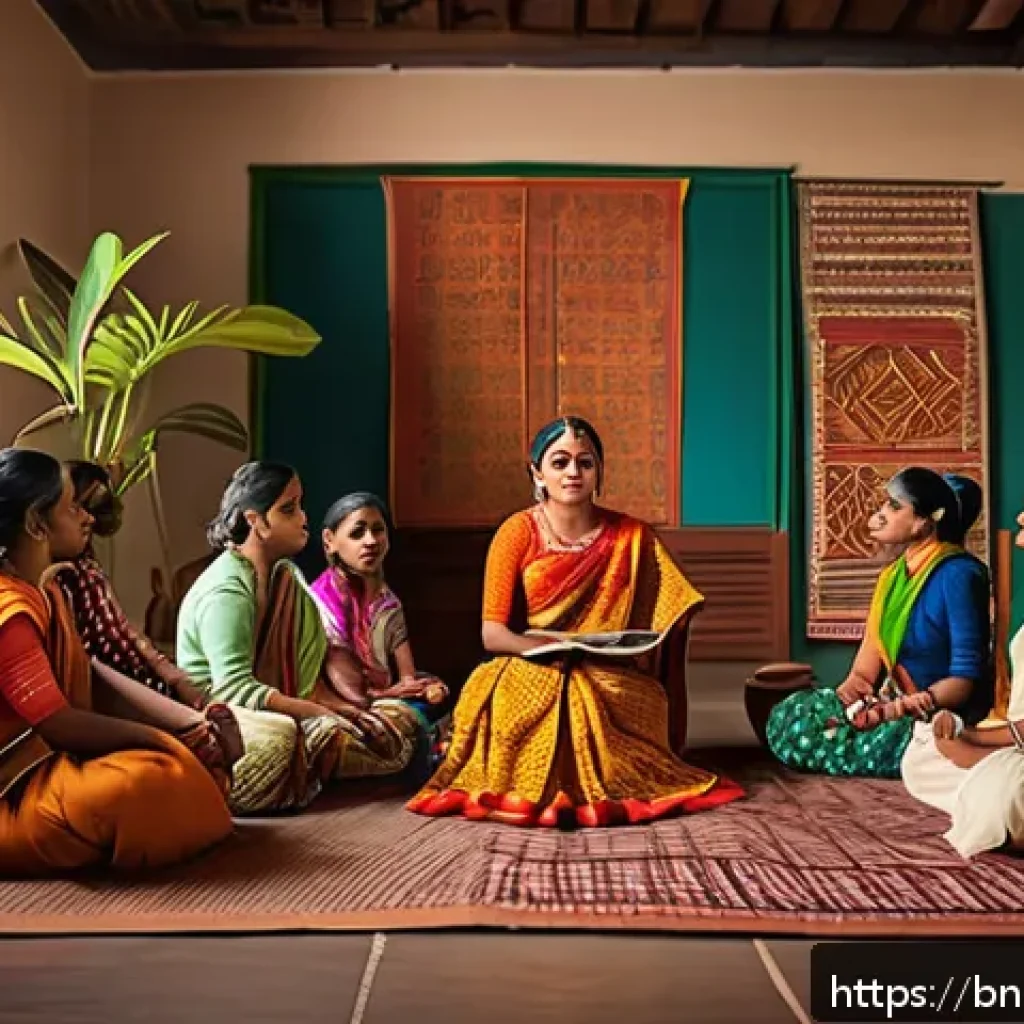 스토리텔러의 역할과 사회적 책임 - A vibrant digital illustration showing a Bengali female storyteller sharing a social awareness story...