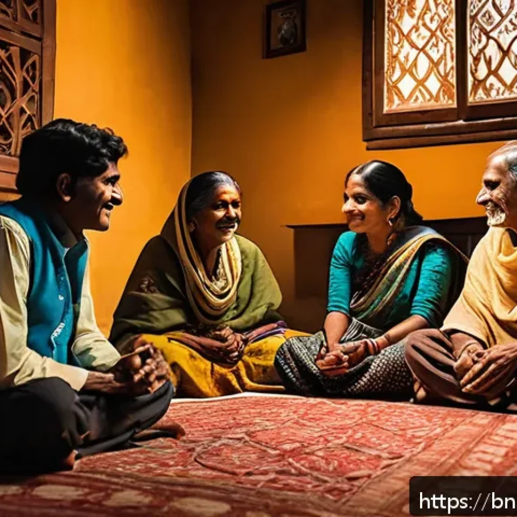 스토리텔러가 되기 위한 자기개발 팁 - A warm, intimate scene of a Bengali storyteller sitting in a traditional home setting, sharing a hea...