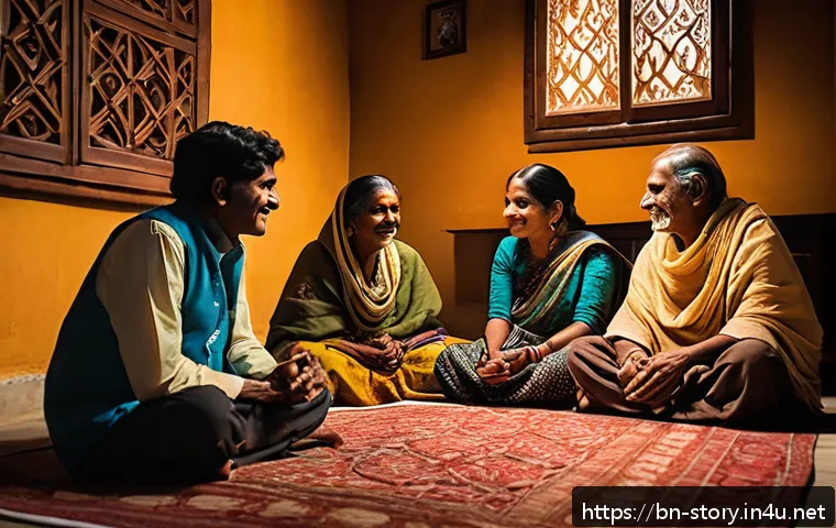 스토리텔러가 되기 위한 자기개발 팁 - A warm, intimate scene of a Bengali storyteller sitting in a traditional home setting, sharing a hea...