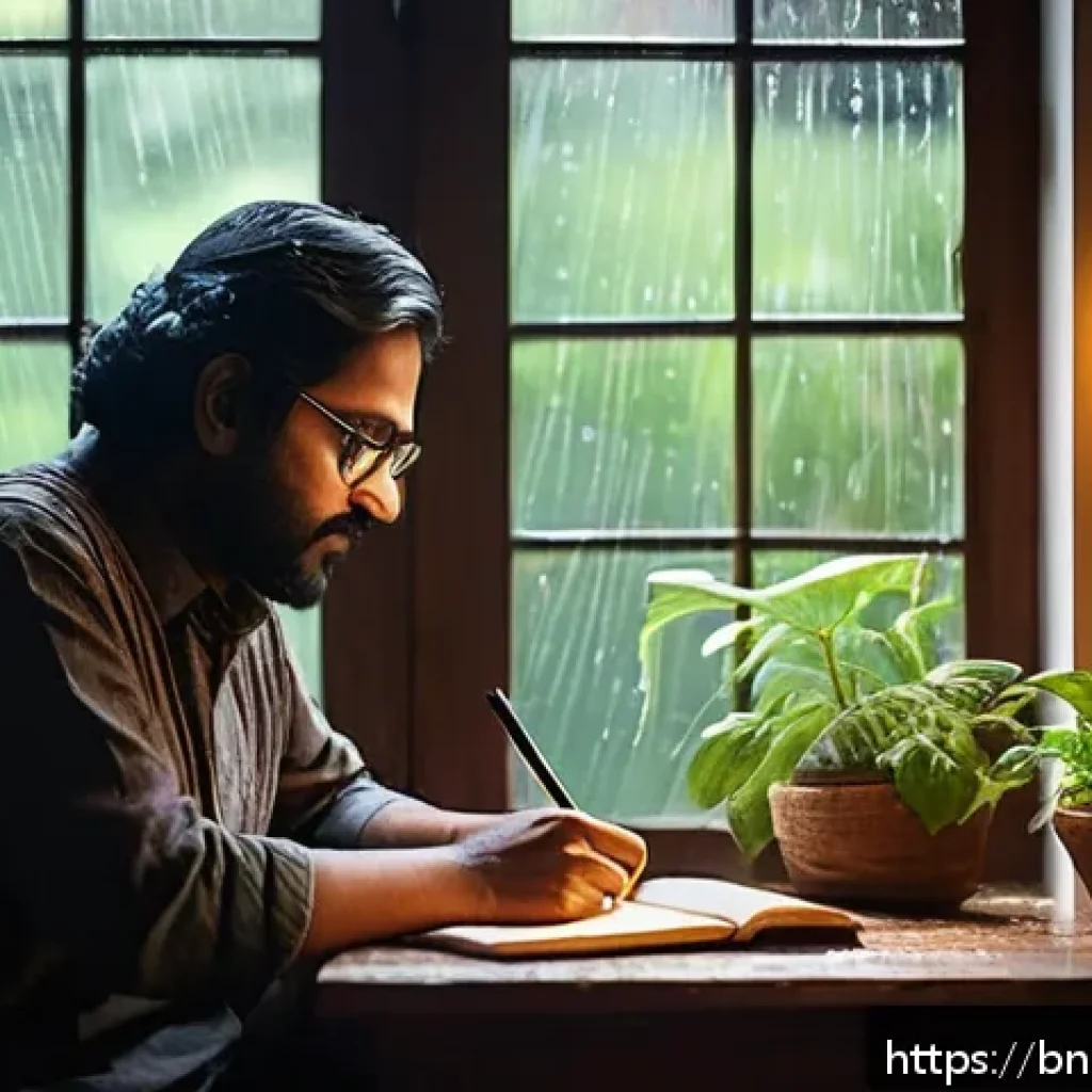 스토리텔러 전문성 향상 팁 - A cozy indoor setting showing a Bengali writer at a wooden desk near a window on a rainy day, with r...