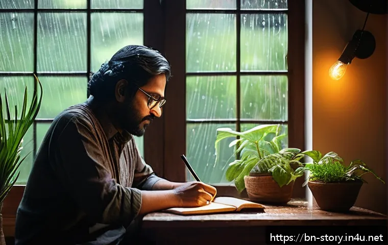 스토리텔러 전문성 향상 팁 - A cozy indoor setting showing a Bengali writer at a wooden desk near a window on a rainy day, with r...
