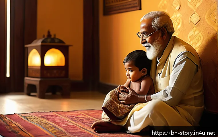 스토리텔러와 문화 콘텐츠의 연관성 - A warm, nostalgic scene of a Bengali grandfather storytelling to his young grandchild indoors, both ...