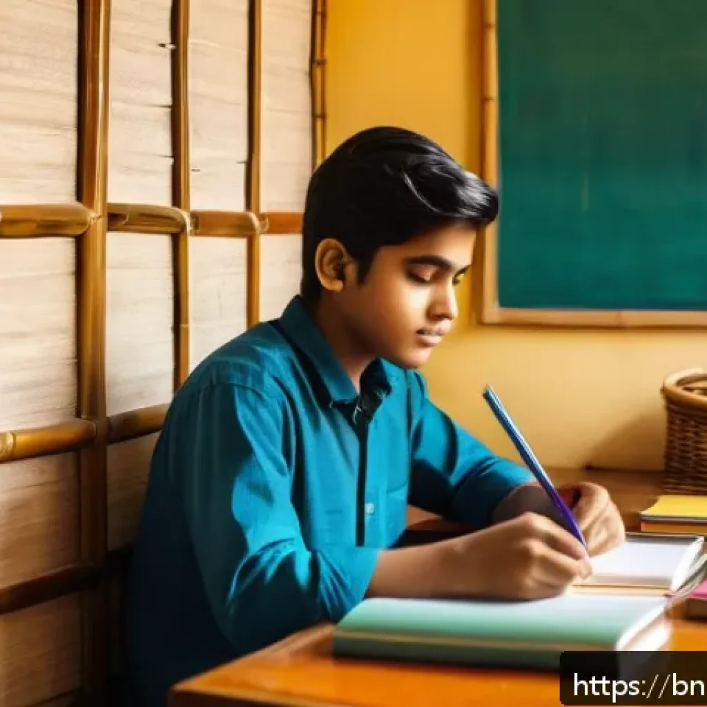 스토리텔러 자격증 시험의 준비 포인트 - A young Bengali student sitting at a wooden desk in a cozy room, surrounded by colorful books and no...