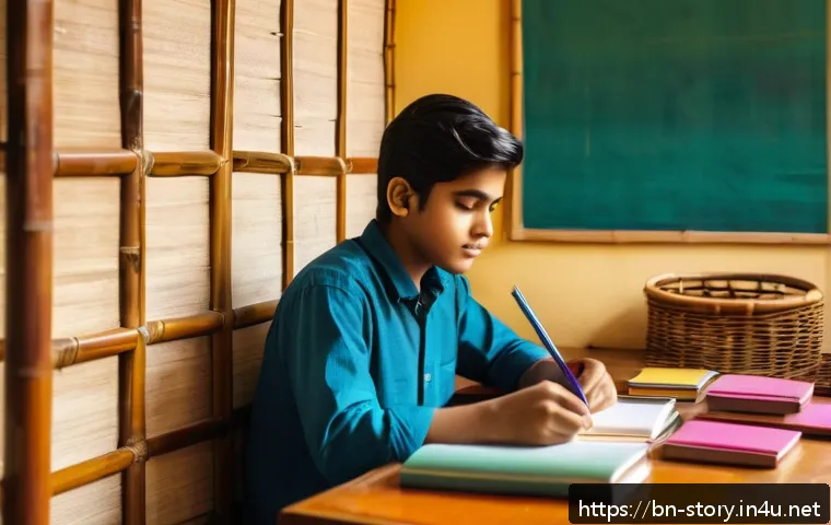 스토리텔러 자격증 시험의 준비 포인트 - A young Bengali student sitting at a wooden desk in a cozy room, surrounded by colorful books and no...
