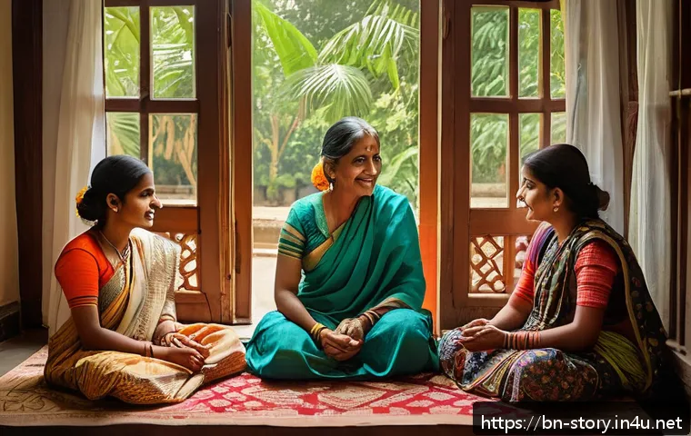 스토리텔러 경력 개발 플랜 - A vibrant, detailed scene showing a Bengali storyteller sitting in a cozy, traditional room filled w...