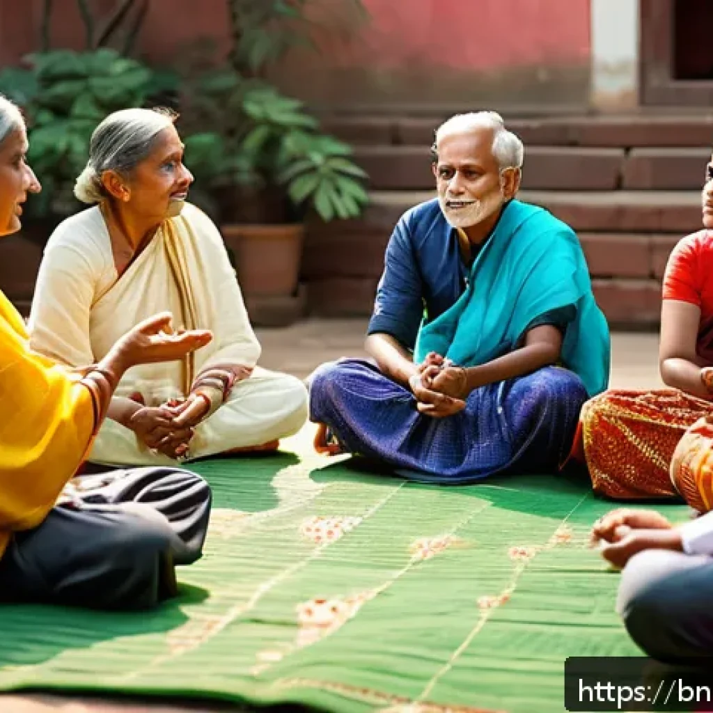 스토리텔러로서 사회적 기여 가능성 - A warm and intimate scene of a Bengali storyteller sitting cross-legged on a traditional mat in a su...
