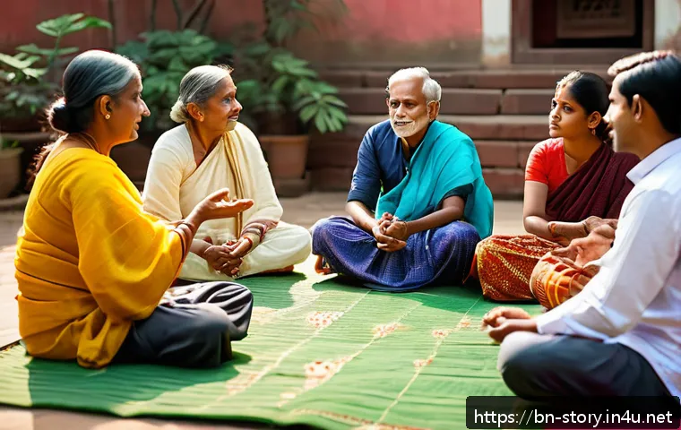 스토리텔러로서 사회적 기여 가능성 - A warm and intimate scene of a Bengali storyteller sitting cross-legged on a traditional mat in a su...