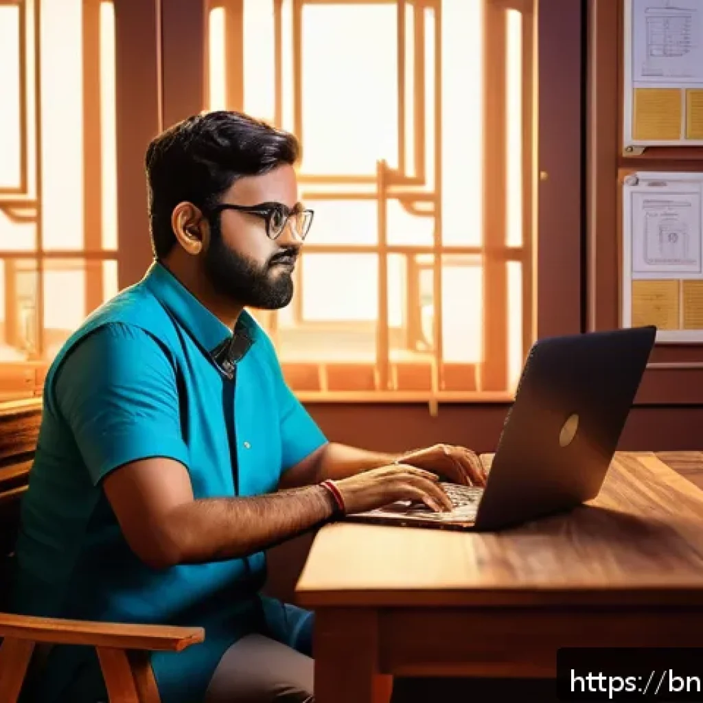 스토리텔러와 AI의 협업 사례 - A creative Bengali writer sitting at a traditional wooden desk with a modern laptop open, surrounded...