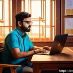 스토리텔러와 AI의 협업 사례 - A creative Bengali writer sitting at a traditional wooden desk with a modern laptop open, surrounded...