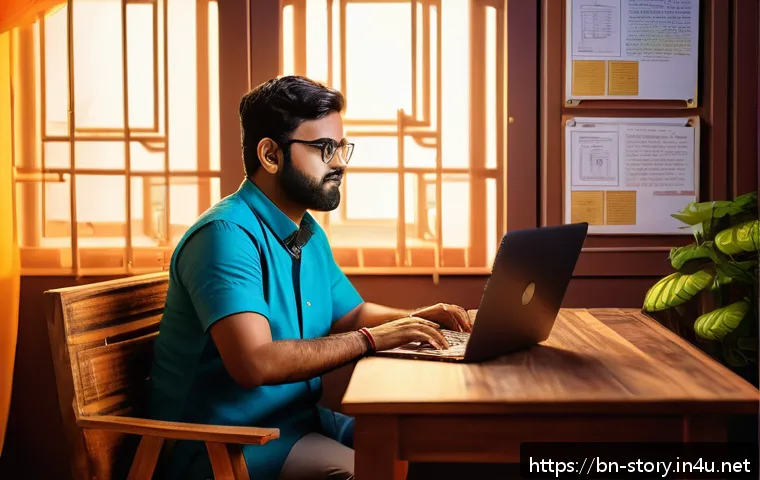 스토리텔러와 AI의 협업 사례 - A creative Bengali writer sitting at a traditional wooden desk with a modern laptop open, surrounded...