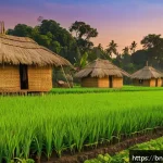스토리텔러 관련 직업의 다양한 이야기 제작 방법과 사례 분석과 연구 - A vibrant, detailed scene of a rural Bengali village at sunset, showcasing traditional houses with t...