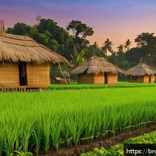 스토리텔러 관련 직업의 다양한 이야기 제작 방법과 사례 분석과 연구 - A vibrant, detailed scene of a rural Bengali village at sunset, showcasing traditional houses with t...