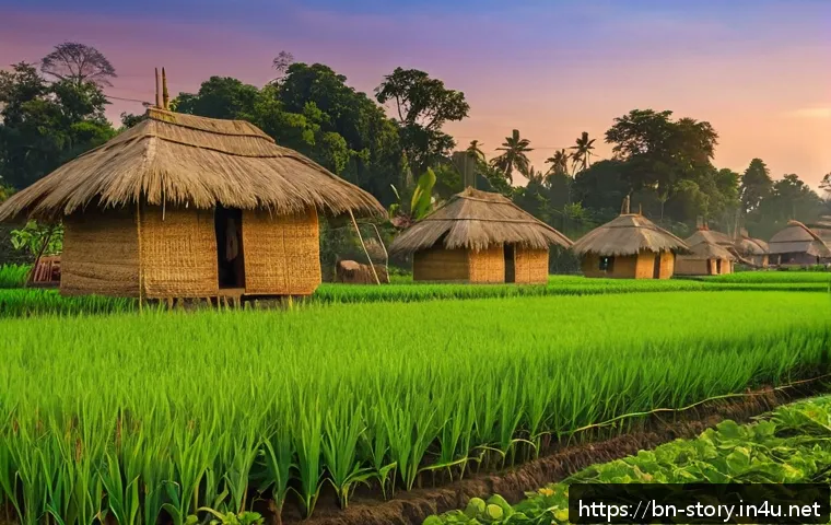 스토리텔러 관련 직업의 다양한 이야기 제작 방법과 사례 분석과 연구 - A vibrant, detailed scene of a rural Bengali village at sunset, showcasing traditional houses with t...