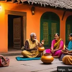 스토리텔러로 성공한 유명인 사례 - A warm and inviting scene of a Bengali storyteller sitting in a traditional courtyard, surrounded by...