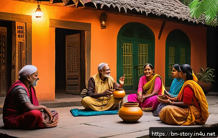 스토리텔러로 성공한 유명인 사례 - A warm and inviting scene of a Bengali storyteller sitting in a traditional courtyard, surrounded by...