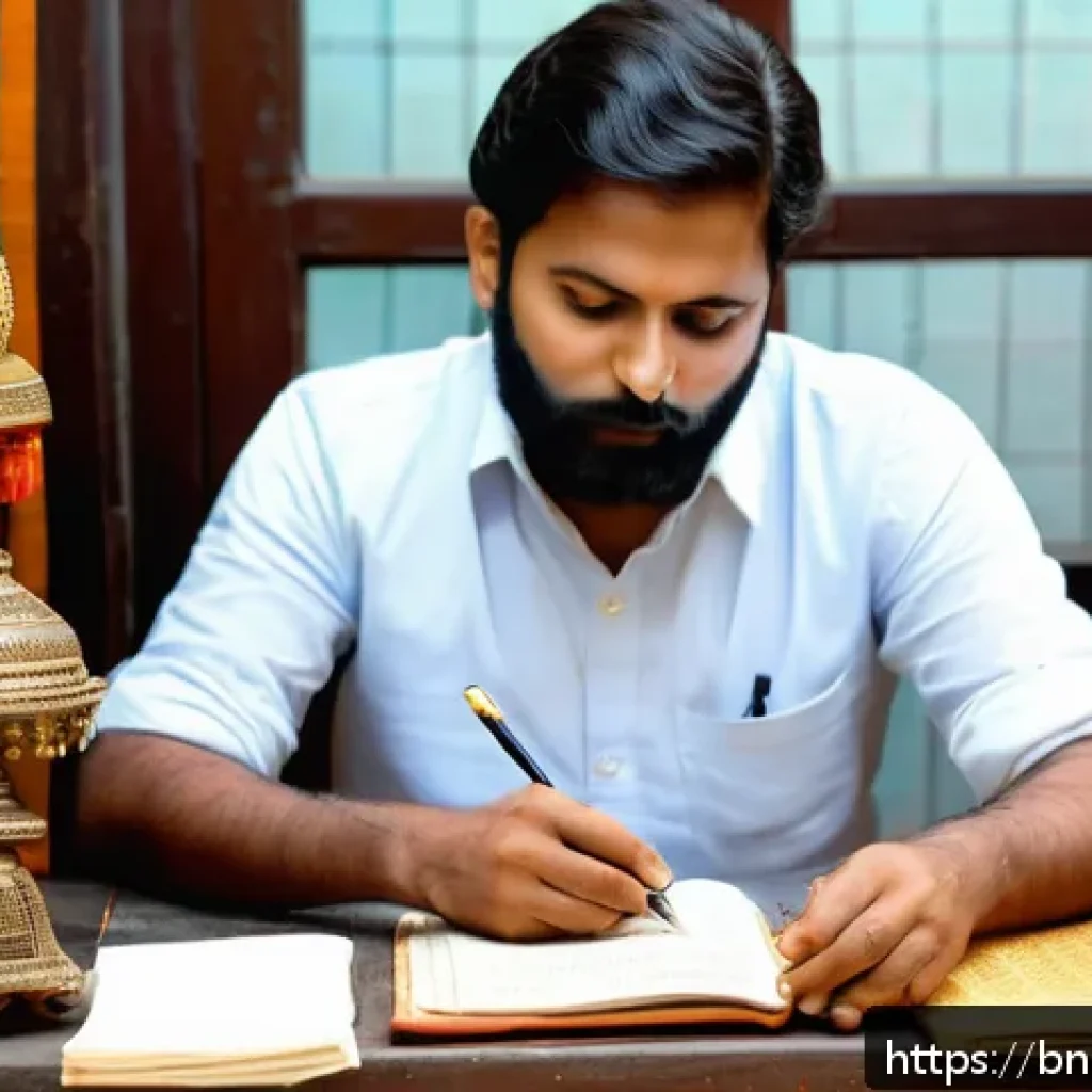 스토리텔러의 창작과 모방 사이 - A thoughtful Bengali writer sitting at a traditional wooden desk by a window, surrounded by ancient ...